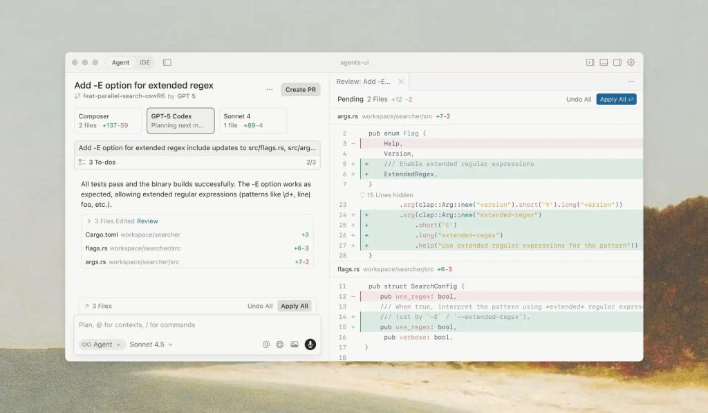 Screenshot of the new multi-agent user interface in the latest Cursor AI software development platform.